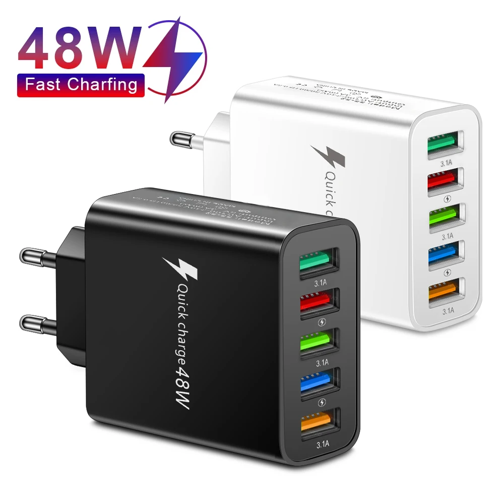 48W USB Charger Fast Charging QC3.0 Wall Charger Adapter For iPhone 14 13 Samsung Xiaomi Mobile Phone Charger 5 Ports EU US Plug