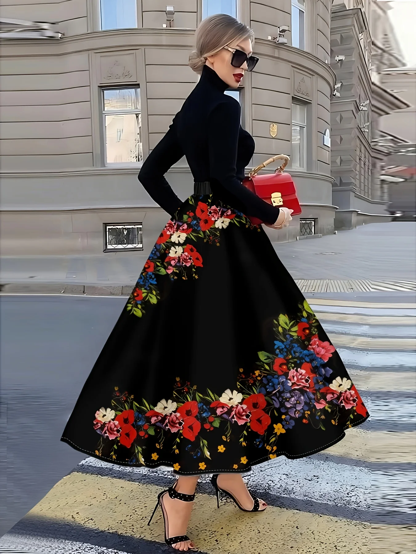 Printed Design Four season casual style black pleated skirt with floral pattern skirt