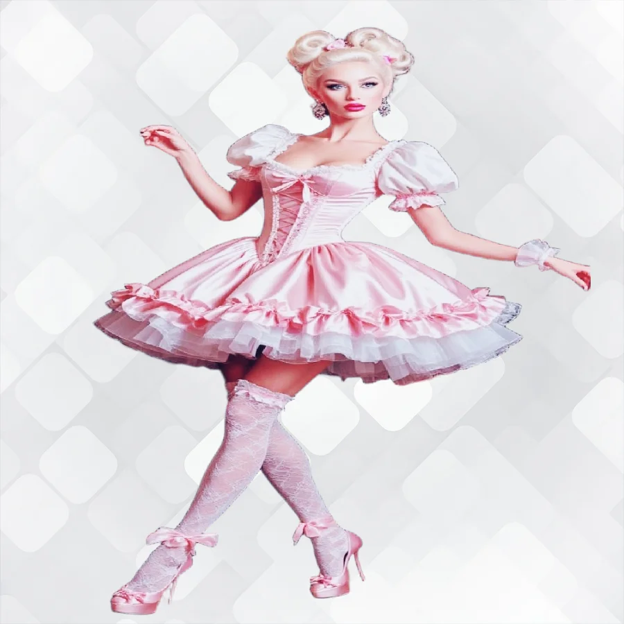 

Sissy Pink Maid Dress Short Sleeve A Line Barbie Satin Prom Dress Cosplay Halloween Costume Evening Dress Homecoming Customized