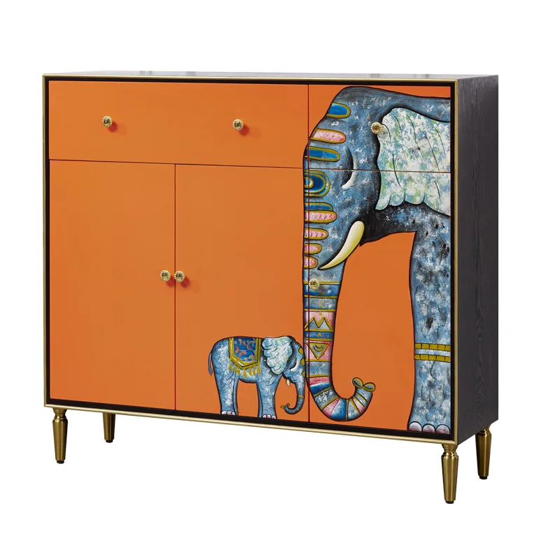 

Type light luxury solid wood dining side cabinet two buckets three door cabinet orange locker