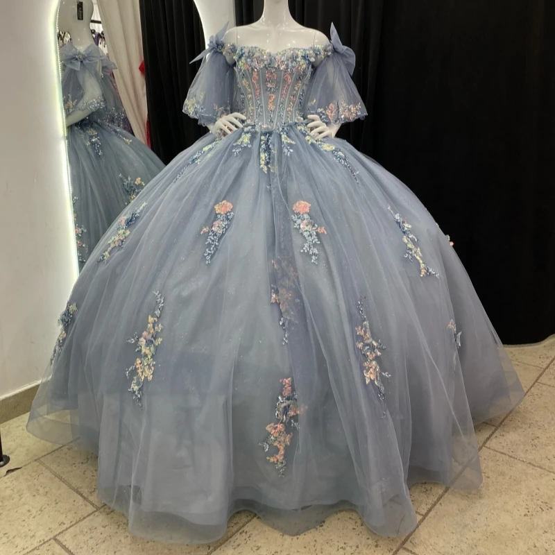 

Navy Blue Shiny Quinceanera Dresses Off The Shoulder Sequin Applique Lace Beading Crystal Corset Tull Bow Party Birthday Sweet