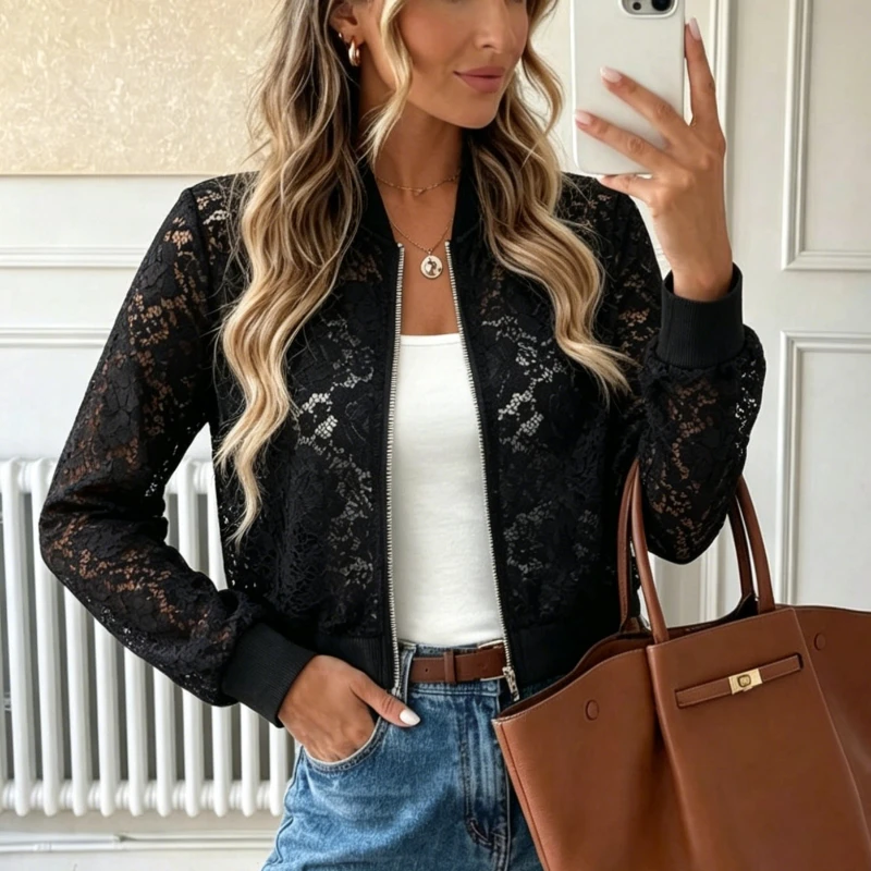 

2026 Elegant Spring Black Lace Shirt Women See-through Zipper Short Jackets Long Sleeve Coats Hollow Sweet Fashion Clothing