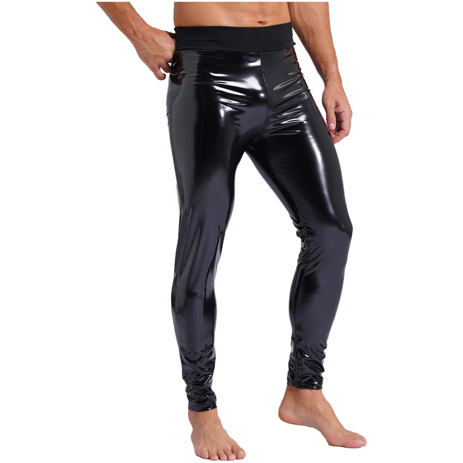 Mens Black Stretchy Leggings Patent Leather Skinny Trousers Latex Long Pants High Waist Rave Party Clothings Wet Look Clubwear