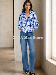 ZBZA Camicia donna stampa floreale risvolto Chiusura frontale con bottoni nascosti maniche lunghe Casual sciolto risvolto effetto raso Top floreali Primavera Nuova camicia femminile chic