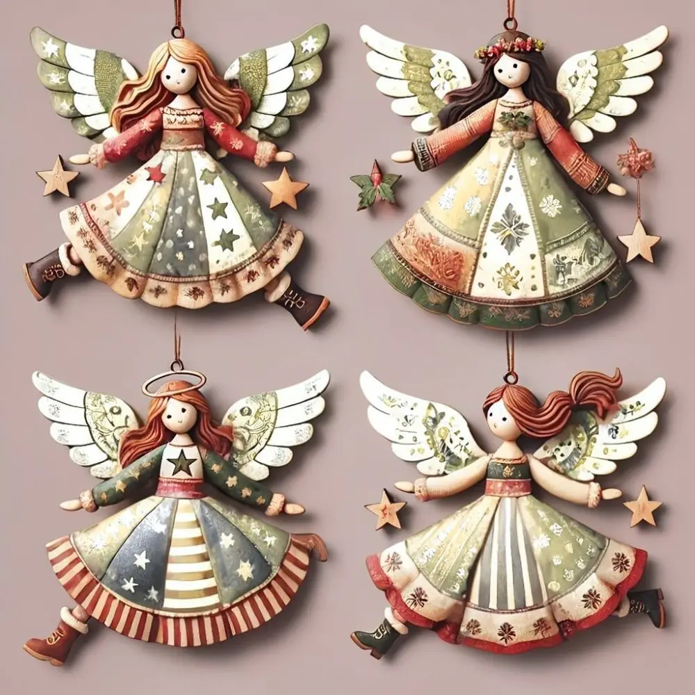 Wooden Angel Girl Ornament Christmas Tree Hanging Decoration Holiday Party Pendant Gift Home Interior Decor Accessories