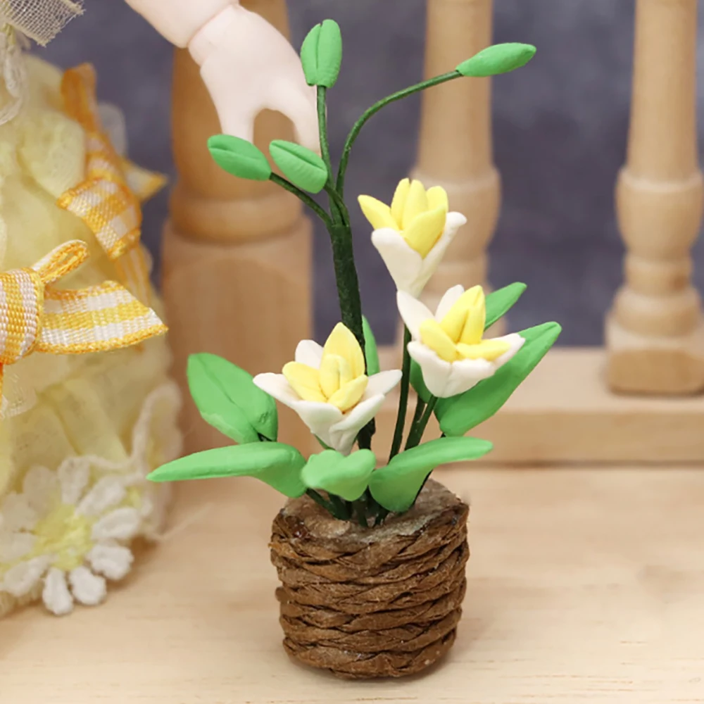 1/12 Dollhouse Miniature สีเหลือง Potted พืช Mini Orchid Garden ดอกไม้ของเล่นสําหรับตุ๊กตาอุปกรณ์ House ตกแต่ง ob11 bjd