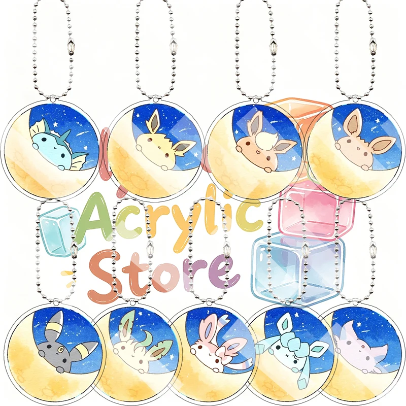 Creative Eevee Moon Star Round Acrylic Pendant Keychain Leafeon Sylveon Glaceon Vaporeon Espeon Cartoon Anime Key Ring Decor Toy