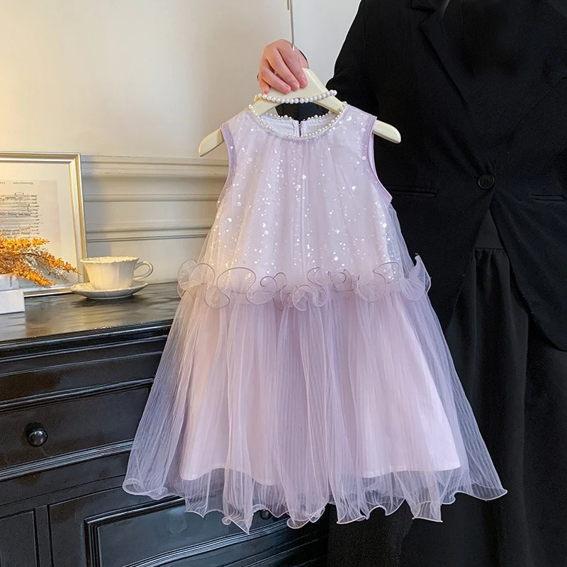 Princess dress 2026 new girls clothes summer foreign style beautiful sequined mesh