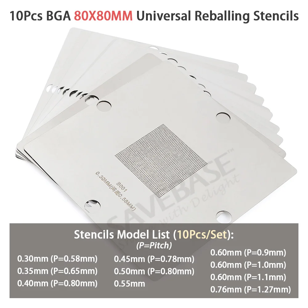 

80x80 мм, 10 шт./компл., универсальный набор трафаретов BGA, шаблон для пайки, ремонта реболлинга для шарика 0,3 0,35 0,4 0,45 0,5 0,55,55 0,6 0,76 мм