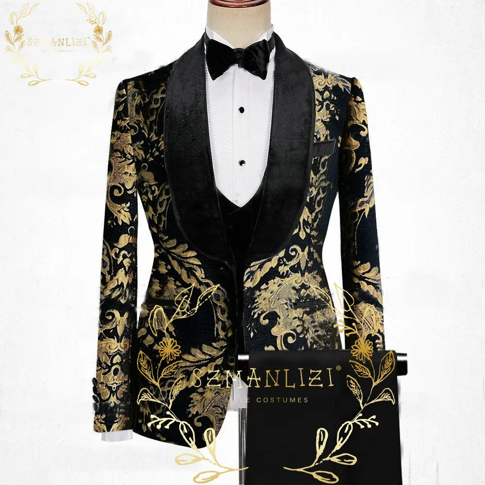 Jacquard Floral Tuxedo Suits for Men Wedding Slim Fit Navy Blue and Gold Gentleman Jacket with Vest Pant 3 Piece Male Costume