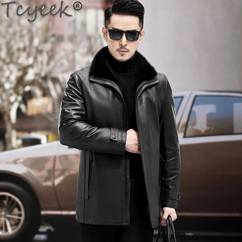 Tcyeek Genuine Leather Down Jacket Men Winter Jackets Mid-length Gaotskin Coats Whit Duck Down Coat Man Clothing Mink Fur Collar