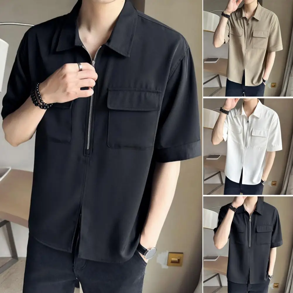 

Short-sleeved Work Shirt Streetwear Men's Summer Cargo Shirt Half Zipper Split Hem Chest Pockets Stylish Short Sleeve for Daily