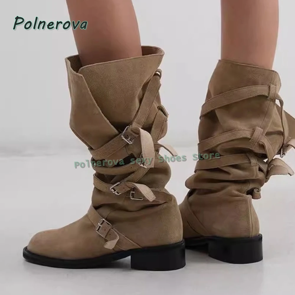 Faux Suede Belt Buckle Retro Boots Round Toe Chunky Heels Solid Pleated Pull On Fashion Women Knee High Boots 2025 Winter Trend