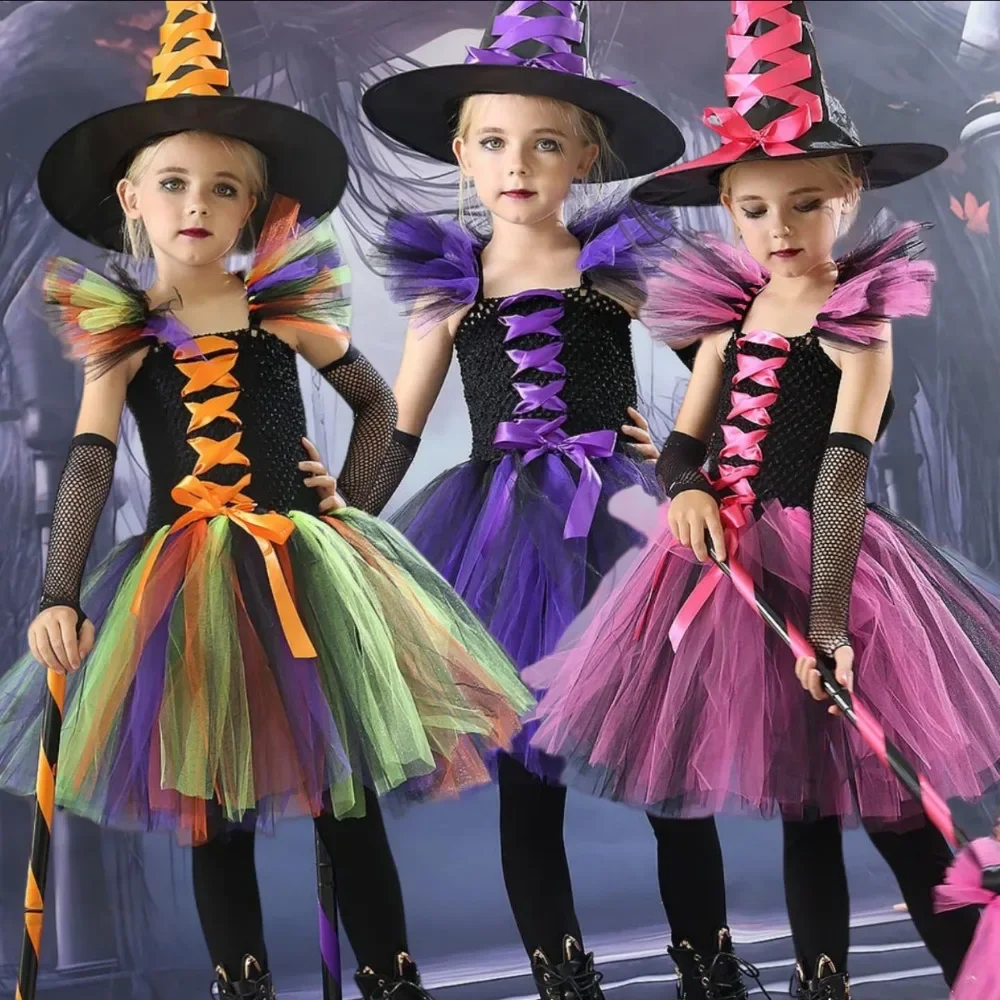 Halloween New Witch Dress Cosplay Costume Dress for Girl Carnival Party Dress Hat Broom Fancy Clothes Suit