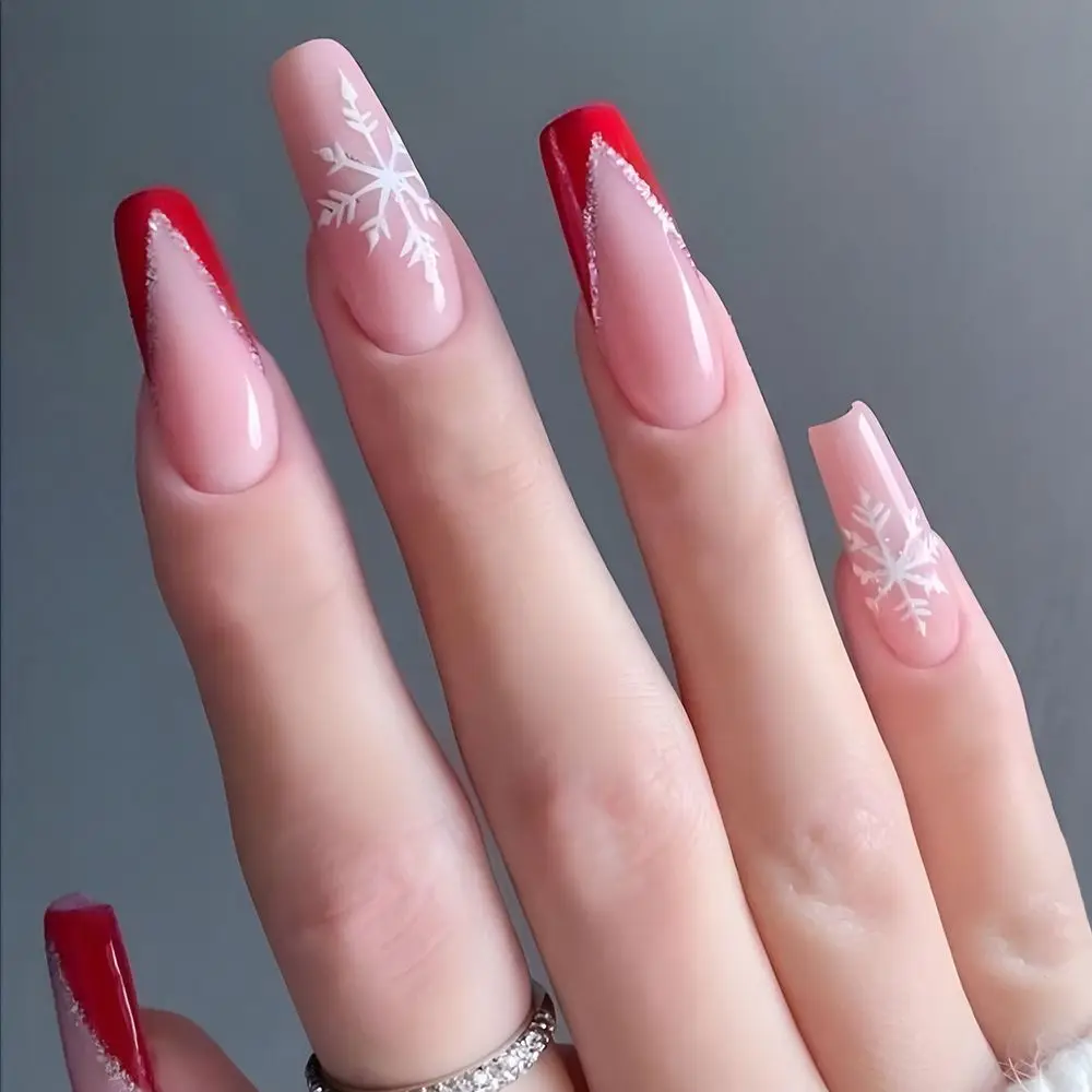 Manicura portátil a prueba de agua, uñas postizas francesas de Navidad, cabeza cuadrada, cubierta completa, puntas de uñas para niña