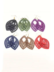 6 Pairs/ Set Multicolor drop-shaped hollow wooden earrings