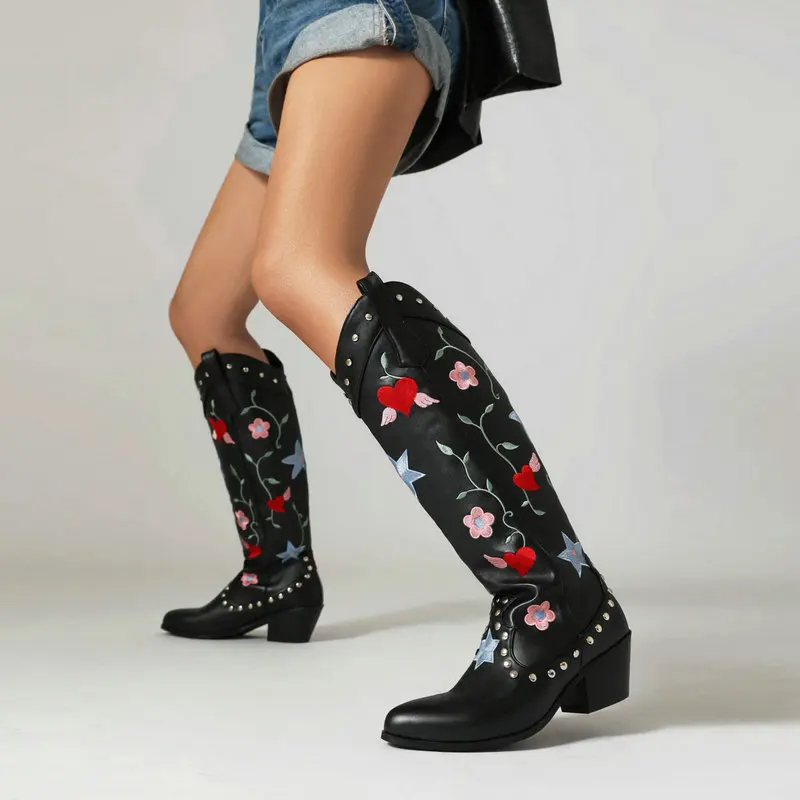 

Dropshipping Black Cowboy Boots Woman Knee High Western Shoes Plus Size 43 Embroider Cowgirl Boots