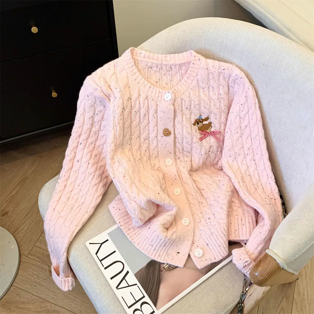 

2025 Academy Style Cartoon Puppy Embroidered Sweater for Women 2025 Spring and Autumn New Sweet Knitted Cardigan