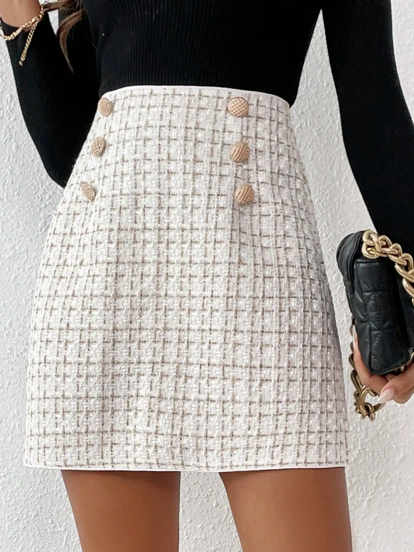 Elegant Tweed Mini Skirt with Decorative Buttons, High-Waisted A-Line Design