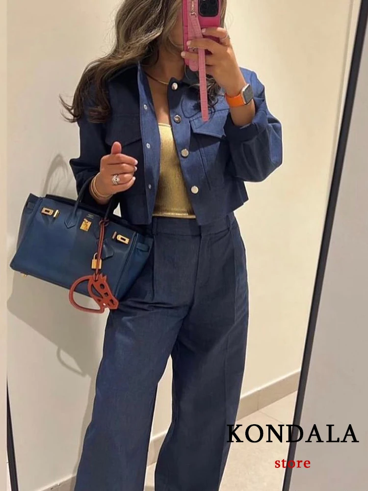 TRAFZA Vintage Solid Women Suit Blue Single Button Pockets Jackets Straight Loose Long Zipper Pants Fashion 2024 Autumn Sets