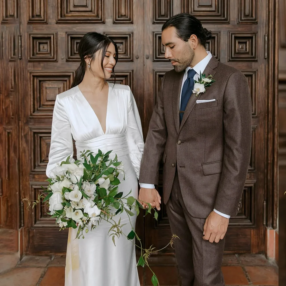 Damen-Satin-Hochzeitskleid mit tiefem V-Ausschnitt, langen Ärmeln, Midi-Brautkleid, geraffter Taille, elegantes Kleid für standesamtliche Hochzeiten und Abendveranstaltungen 2026
