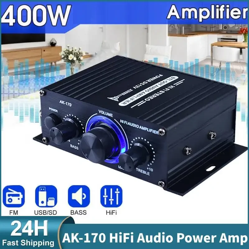 

AK-170 Mini HiFi Stereo Audio Power Amplifier 200W+200W Remote Control Audio Knob Amp with RCA Input Digital Audio Amp Board