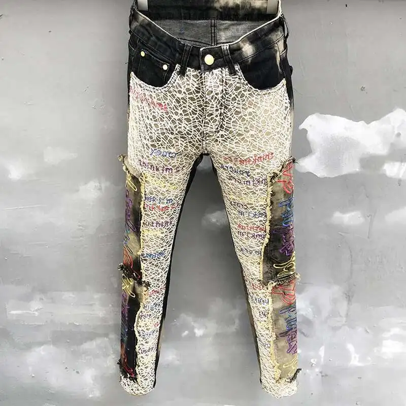 

Men Letter Embroidery Splicing Jeans Small Straight Slim Fit Jean For Men Punk Motorcycle Pants Jean Homme Hip Hop Jeans Hombre