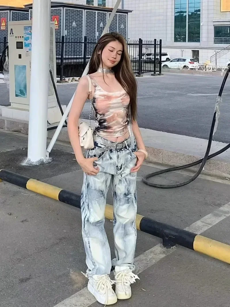 Korean Women's White Cargo Jeans Vintage High Waist Wide Leg Denim Trousers Harajuku Baggy Jean Pants Y2k Streetwear Clothes