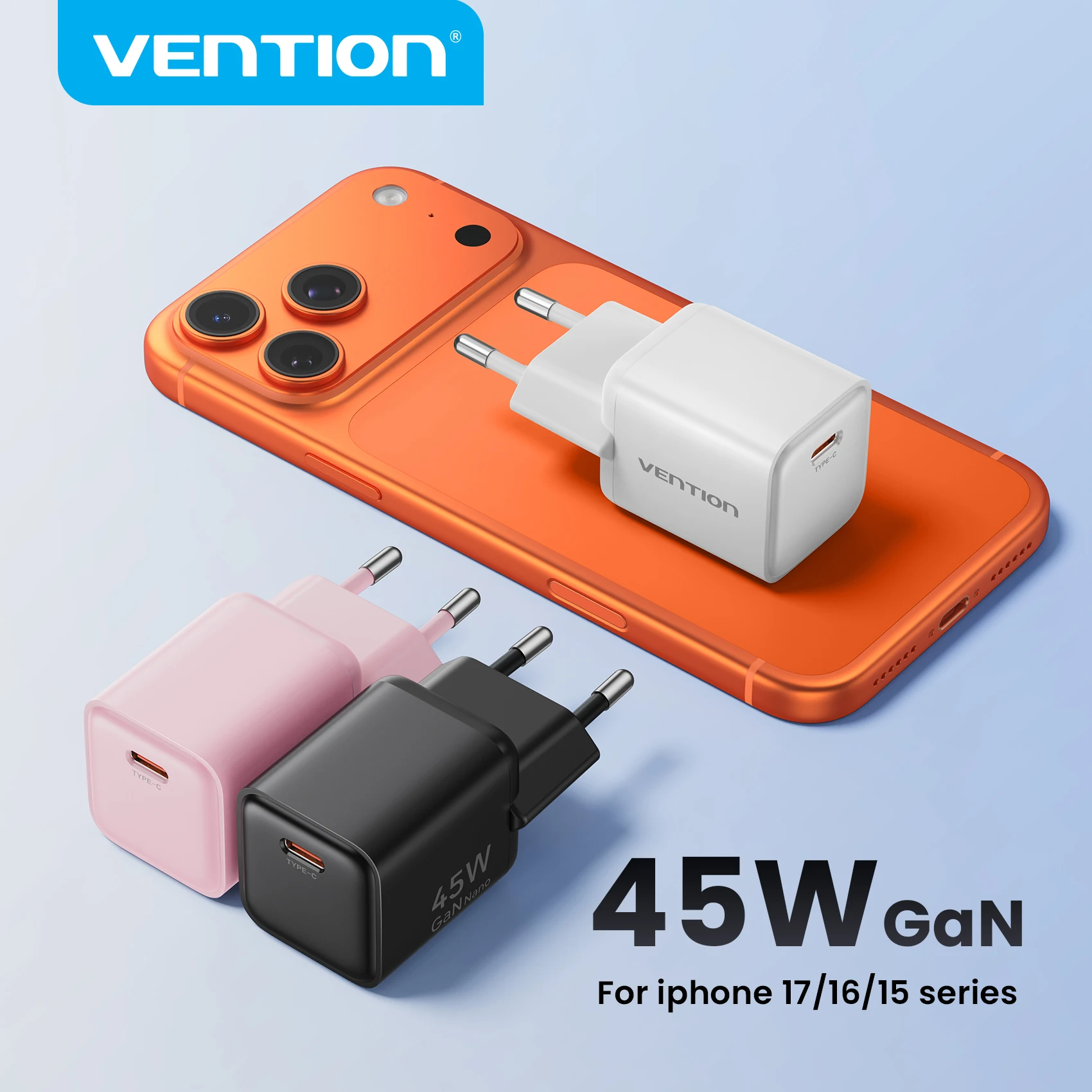 Vention 45W GaN Fast Charger PD3.0 PPS Compact Wall USB C with CE FCC for MacBook Air iPhone 16 15 14 Samsung Galaxy