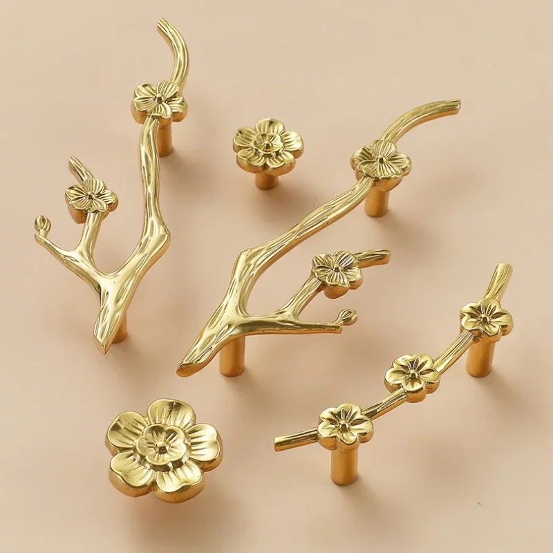 European Creative Decoration Branches Leaves Clothes Kitchen Cabinets Handles New Chinese Style Brass Handle Fancy Single Hole