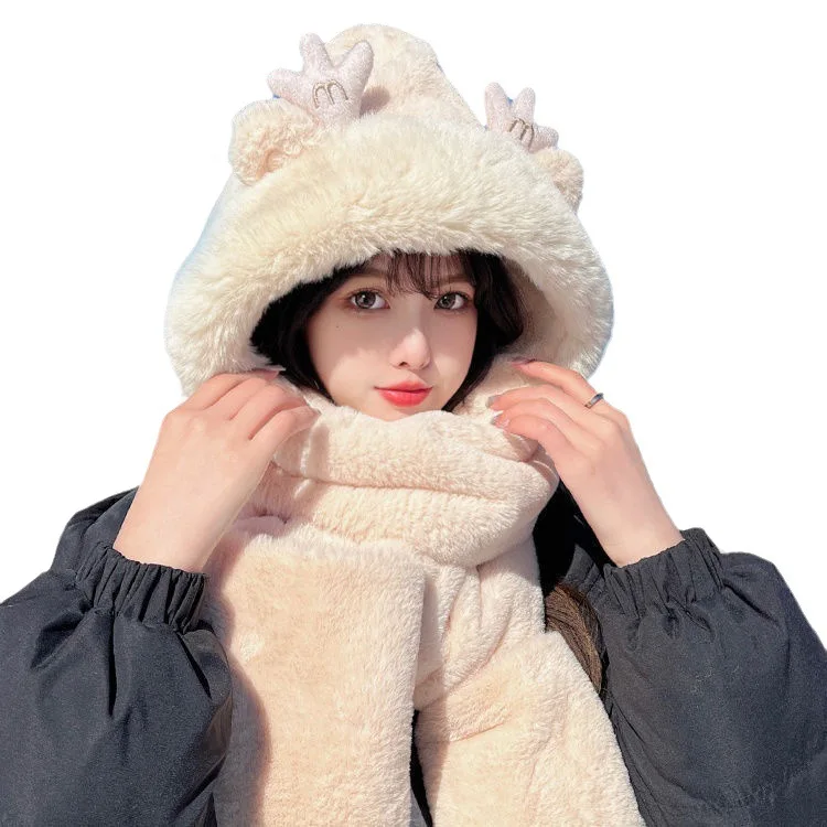 Dragon Horn Bear Hat Scarf One Female Winter Adult Gloves Cycling Thick Dragon Treasure 3-in-1 Small Antler Hat