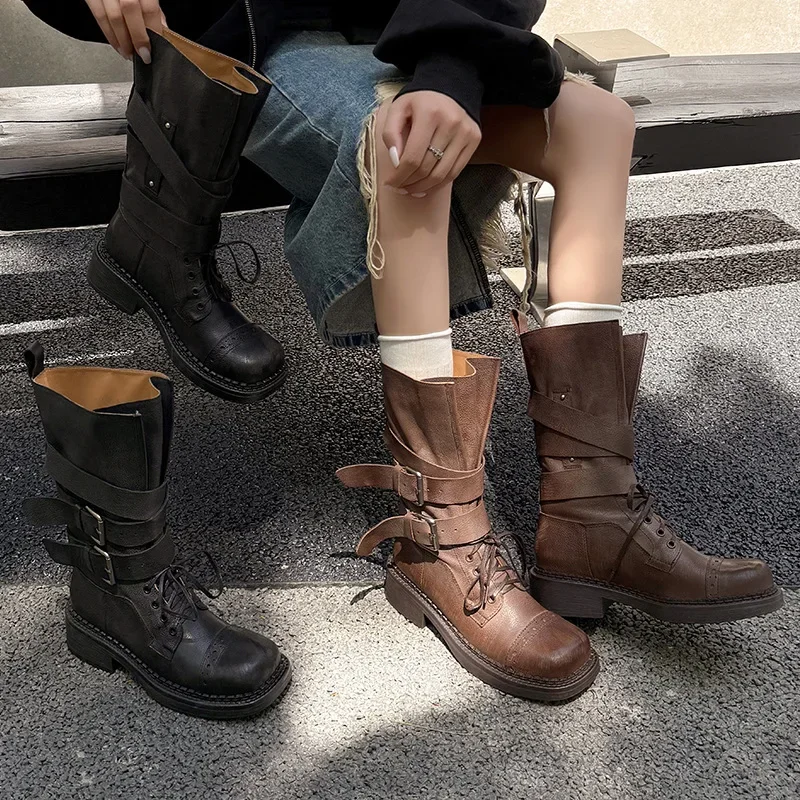 

4CM Fashion New Women's Western Cowboy Boots Mid-calf Belt Buckle Motorcycle Boots for Women Large Size Retro 2025 Female Boots