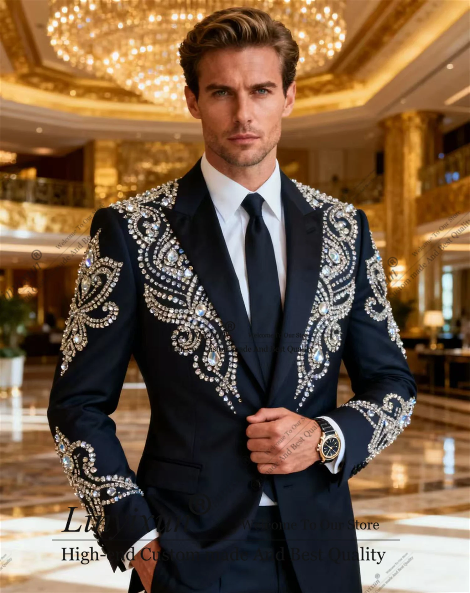 Handsome Men Suits Luxury Rhinestones Crystals Groom Tuxedos 2 Pieces Sets Party Prom Blazer Slim Fit Customized Costume Homme