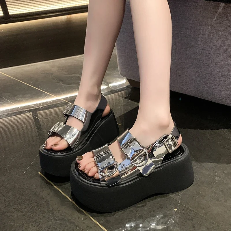 7CM Thick Platform Open Toe Sandals Women 2024 Summer New Fashion Female Metal Silver Belt Buckle A Word Roman Sandals Women