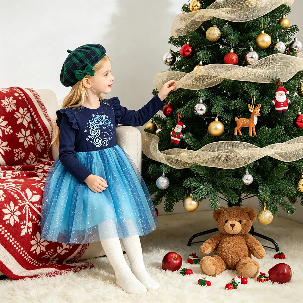 DXTON Children Long Sleeve Tulle Dresses School Celebration Toddler Girls Dress-Up Paly Gauze Cotton Kids Dress Cartoon Clothing 3