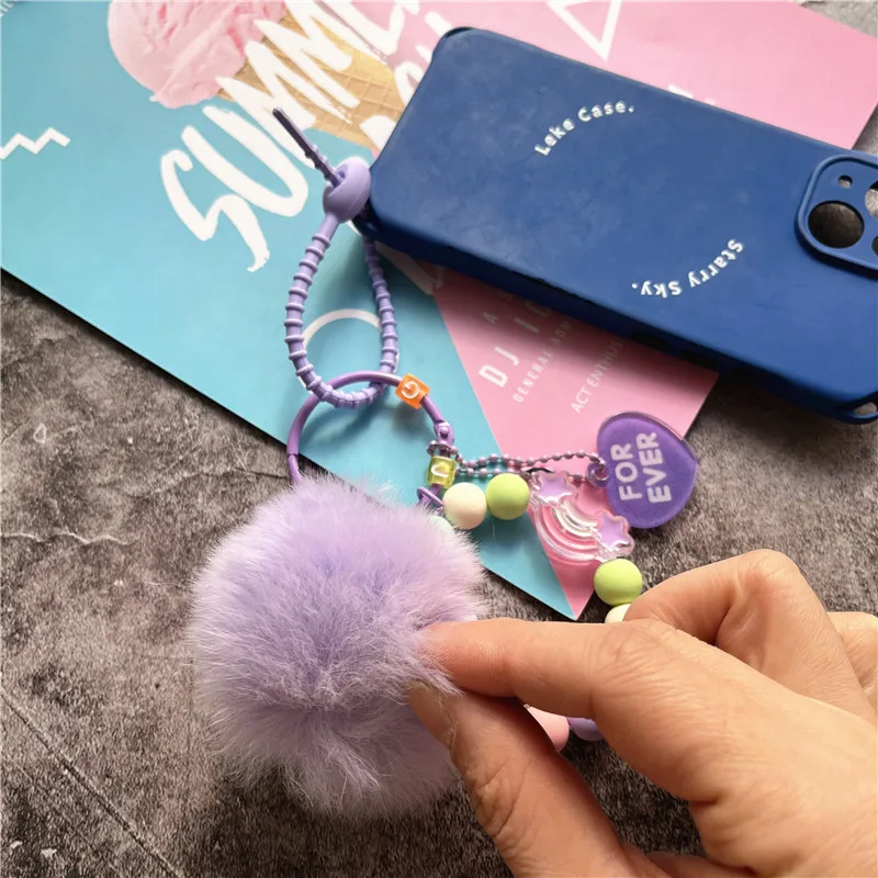 Key Tags Hair Ball Keychains Couple Gifts Colorful Beads Car Keychain Diy Keychain Accessories Small Fresh Hanging Key Chain