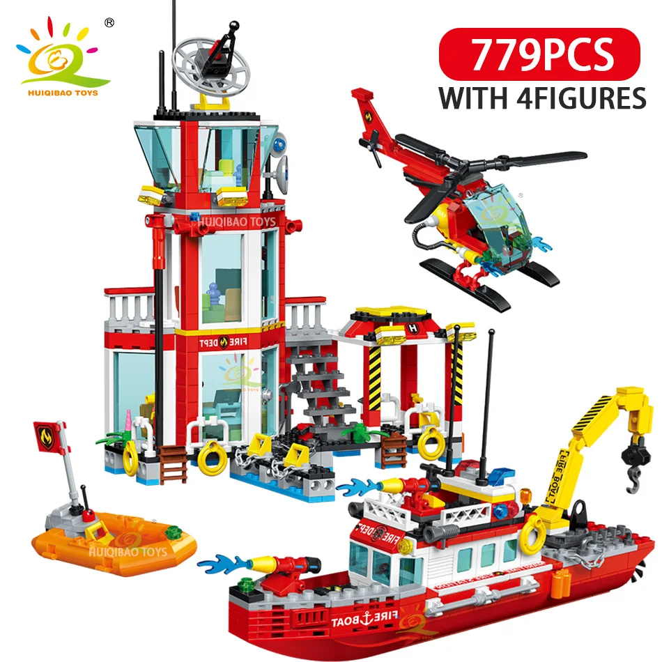 HUIQIBAO Fire Station Model Building Blocks Truck Helicopter Car Firefighter Bricks City Educational Toys For Children Gift