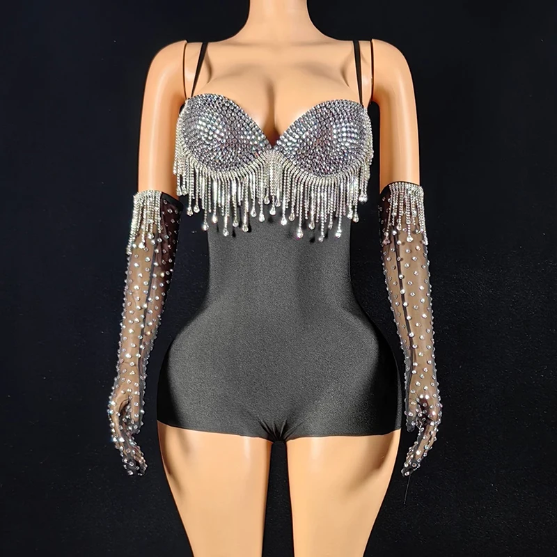 Sexy Women Black Sleeveless Bodysuit Silver Tassel Gogo Dance Costumes Singer Performance Outfit Nightclub Party Rave Wear 4244