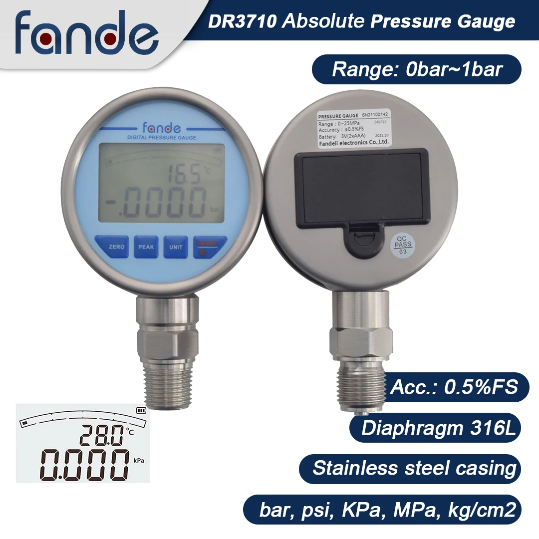 

FANDE Absolute Vacuum Pressure Gauge 1bar Accuracy 0.5%FS 5 Digits Display Battery Powered Dia 80mm G1/4 G1/2 1/2NPT 1/4NPT