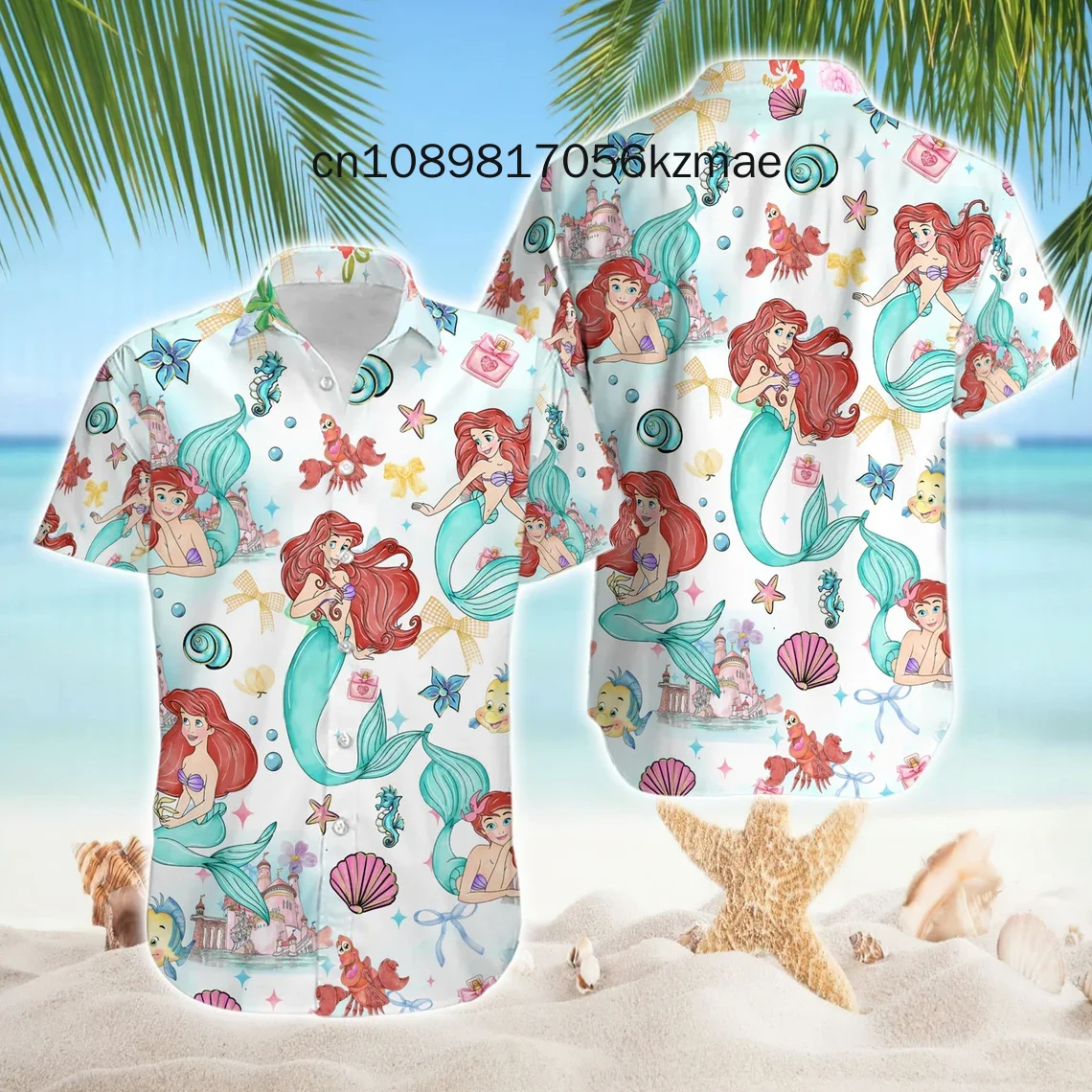 Homens e mulheres Disney, camisa havaiana esboçada pela Pequena Sereia, camisa de manga curta, moda verão, novo, 2024