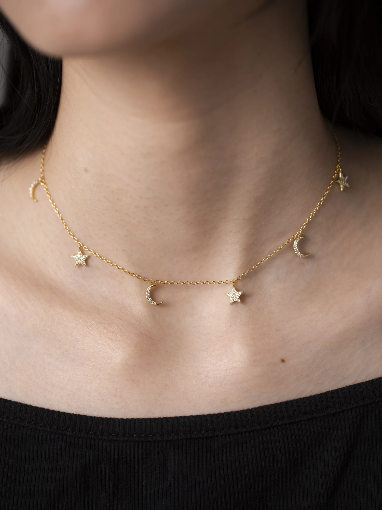 ANDYWEN Srebro Próby 925 Pozłacany Naszyjnik Choker z Zawieszką w Kształcie Gwiazdy i Księżyca, Łańcuszki, Damska Luksusowa Kryształowa Biżuteria Modowa — zdjęcie 2