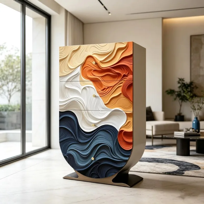 3D wavy textured locker, fiberglass frame, 4 drawers, perfect for home interior decoration