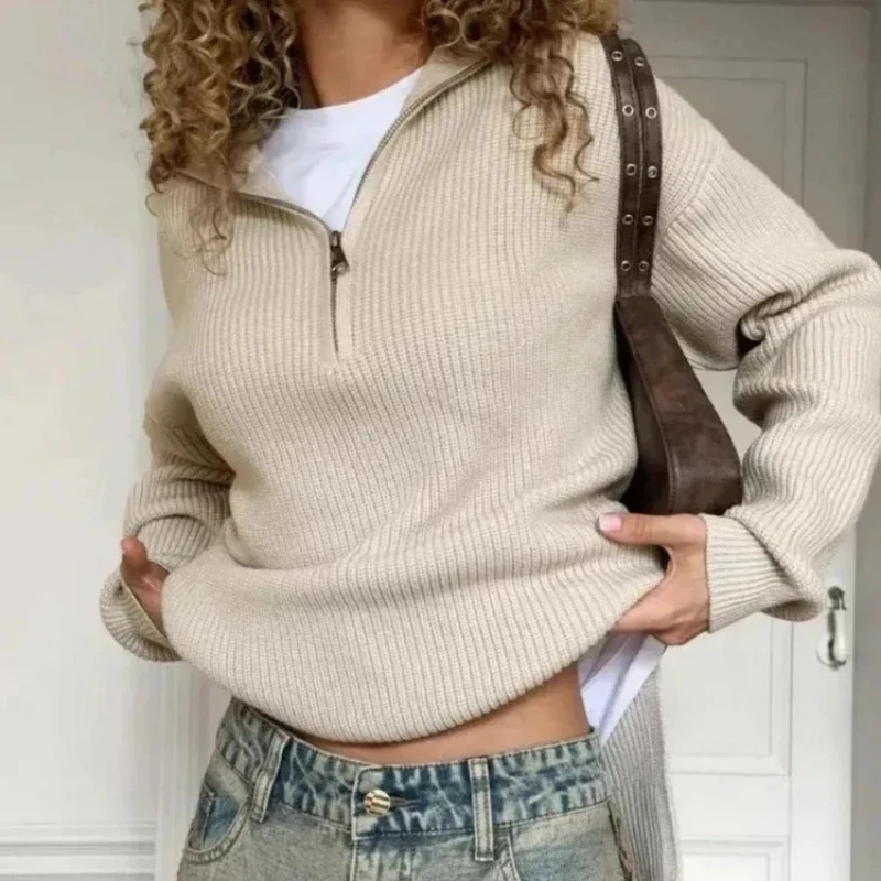 Oversized Knitted Sweater Women Loose Lapel Casual Pullover Zippers Korean Fashion Autumn 2025 Jumper Knitwear