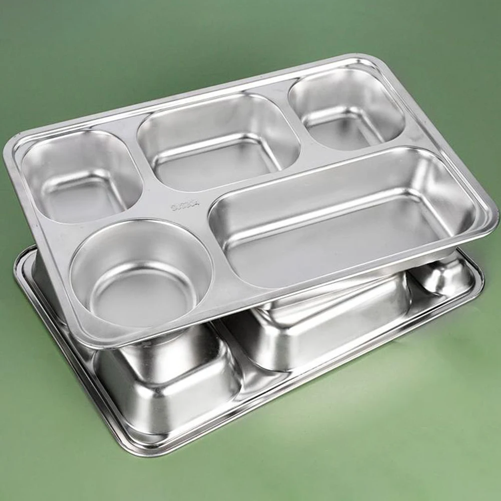 2/3/5/4 Section Stainless Steel Divided Dinner Tray Lunch Container Food Plate For School Lunch Serving Dishes Dinnerware