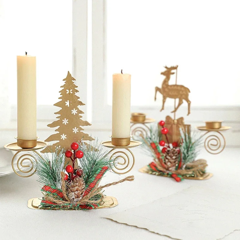 Christmas  Santa Claus Candle Holder Elk Tree Golden Iron Candlestick New Year Table Ornaments Xmas Gift Decor For Home