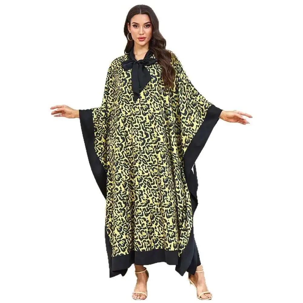 New Fashion Leopard Print Robe Loose Large Sleeve Bow Tie Decorated Muslim Dress Women's Clothing Dubai Luxury Islam Elegant
