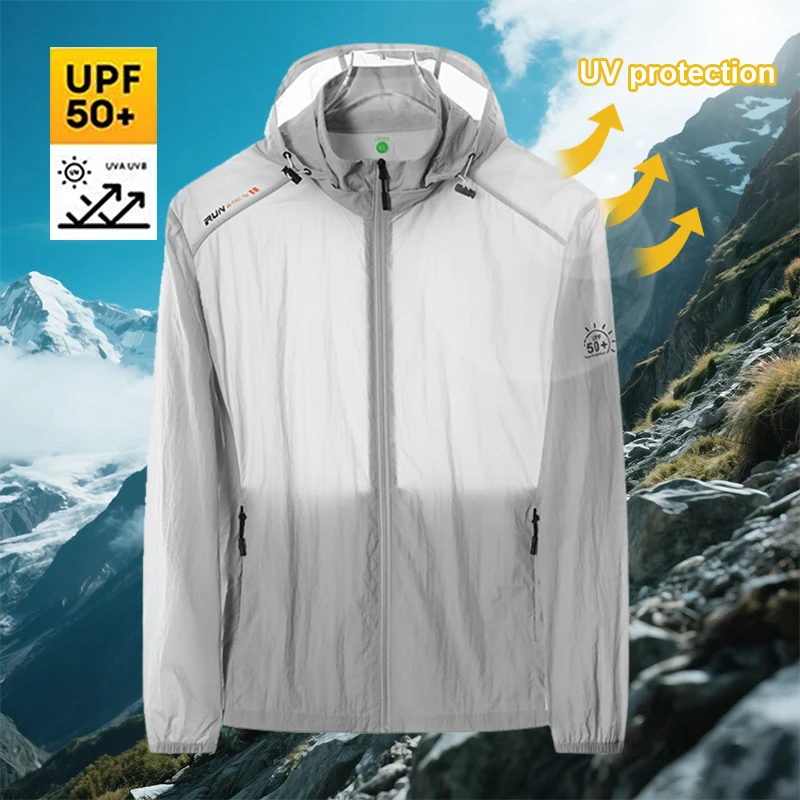 

Summer UPF50+ Men's Hooded Windbreaker Jacket Ultra Light Zipper Pocket Elastic Cuffs Suitable for Outdoor Hiking and Running