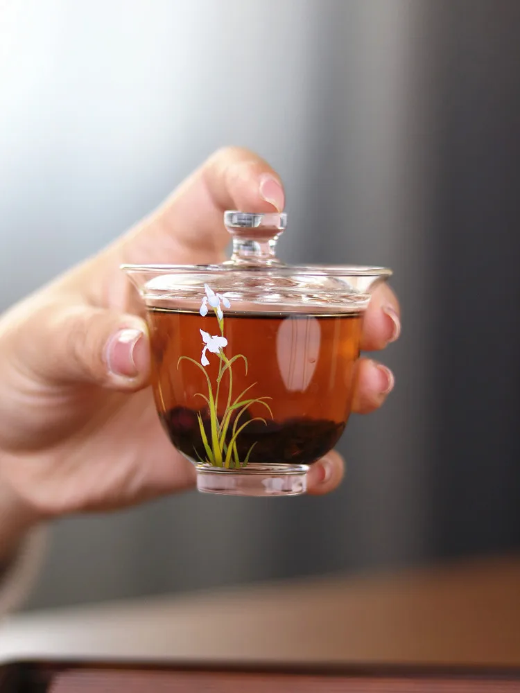 

Low Capacity 80ml Glass Tea Bowl Fairy Tale Handheld Pot Heat Resistant Tea Brewing Bowl Small Cover Bowl for One Person