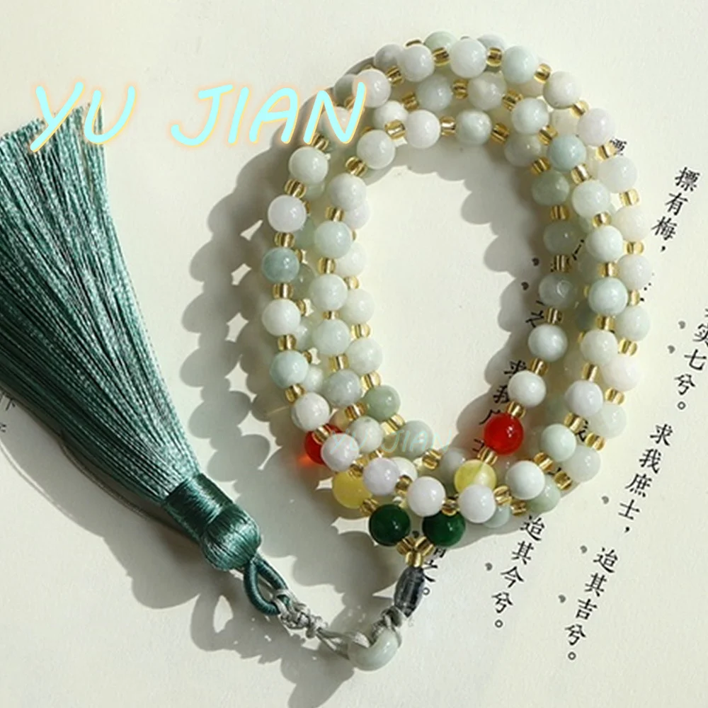 

Natural Jadeite A Sweater Chain Multi-use Beads Hand-beaded With Fine China Fortune Spike Pendant Jade Necklace Handheld Jewelry