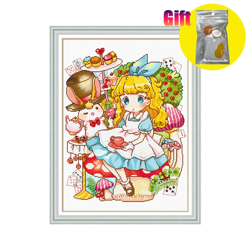 Cross Stitch Kit for Kids, Embroidery Thread, Alice, Afternoon Tea Cartoon, Handmade DIY Decor, Bedroom, New crafts arts